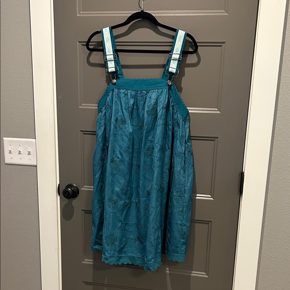 Listicle Teal Embroidered Pinafore Midi Dress with Patterned Straps